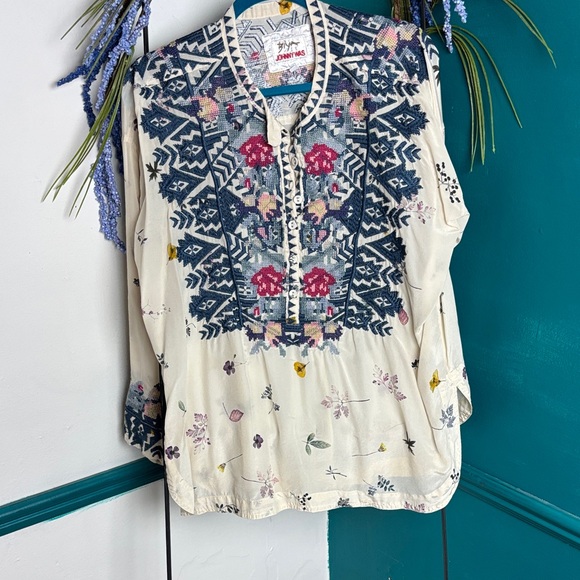 Johnny Was Cream Tunic with Navy and Pink Embroidered Bib - Picture 3 of 5